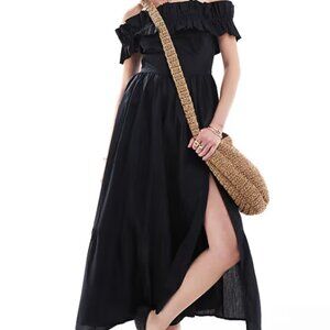 Abercrombie & Fitch Black Shoulder Ruffle Midi Dress